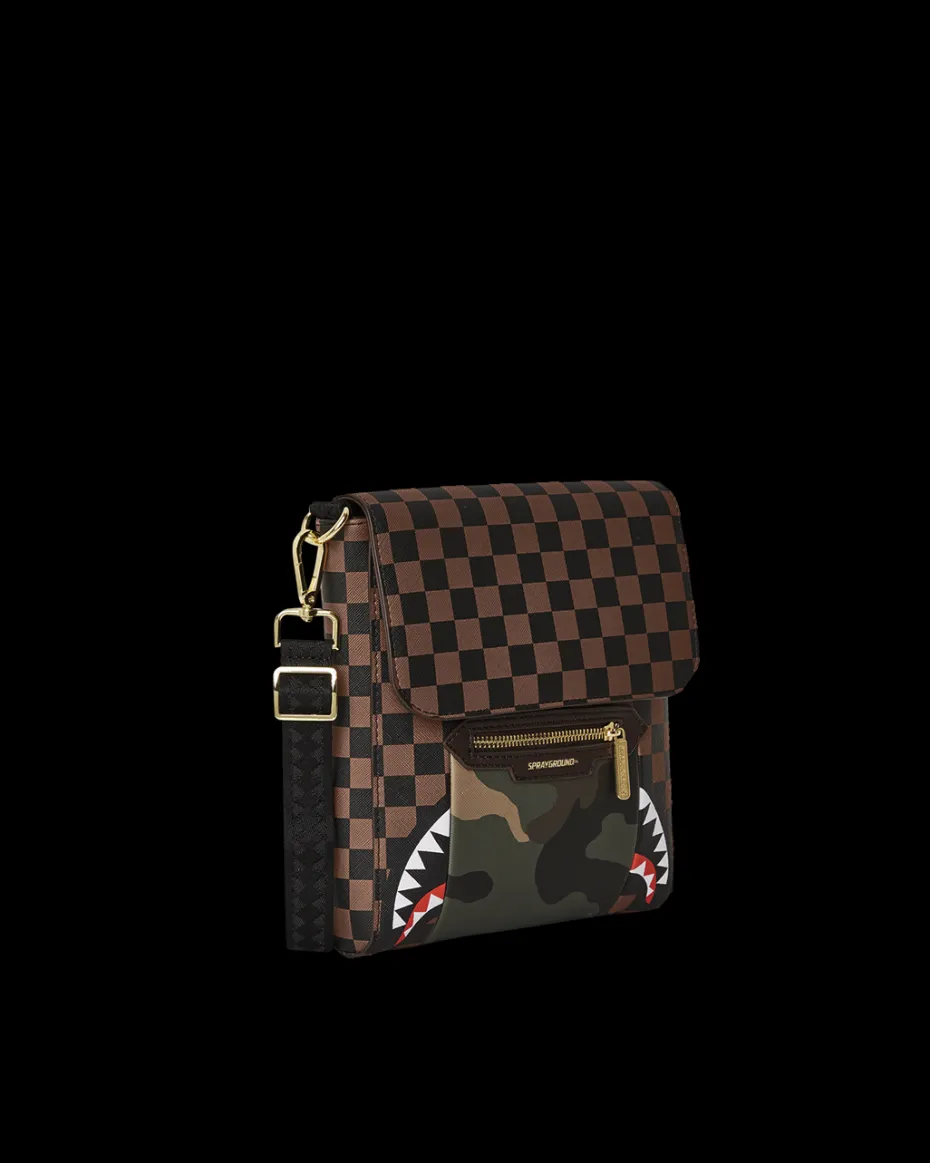 EXTERIOR GOLD ZIP POCKET SHARKS IN PARIS MESSENGER SLING BAG
