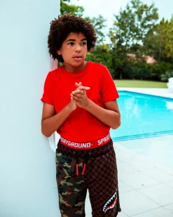 KIDS CHECKS & CAMO SWIM TRUNKS
